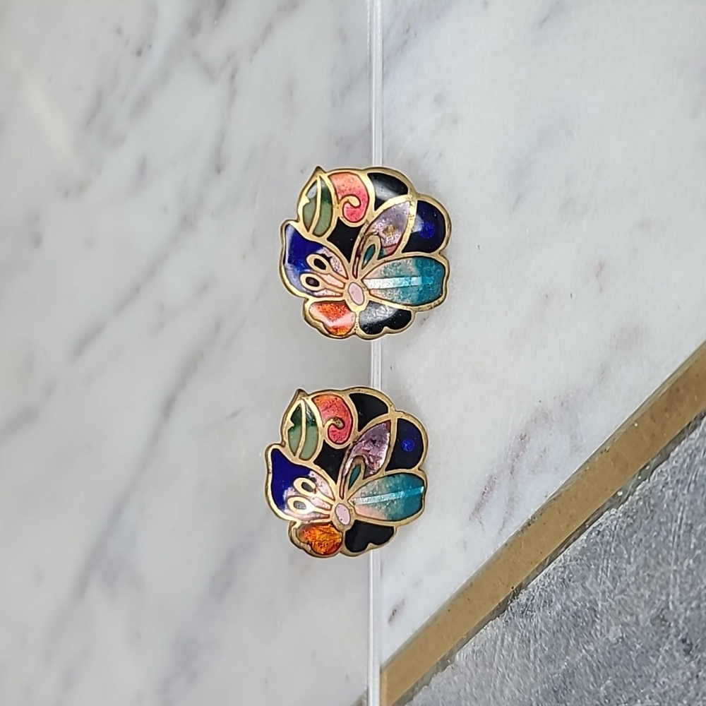 David Kuo VTG Handmade Champlevé Butterfly Cloisonné Enamel Clip Earrings Floral